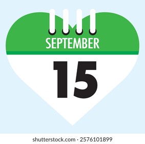 15 September calendar icon green heart shape on light sky blue color background, calendar vector symbol for the month of September.