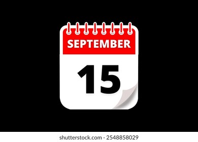 15 September calendar icon text page monthly web design on red, white and black background vector, icon, or illustration with the month of September 15