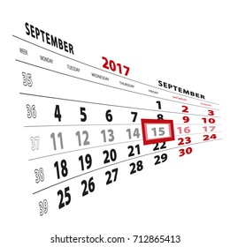 15 September highlighted on calendar 2017. Week starts from Monday. Vector Illustration.