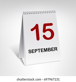 15 September. Spiral calendar vector illustration. Vertical table calendar with date isolated on white background.
