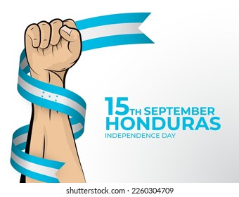 15 September. Vector illustration of Happy Independence Day greeting card for the country of Honduras with clenched fists and a flag ribbon. Use for banners on a white background.