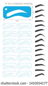 15 Shapes of Eyebrow stencils. Cutout silhouette like sticker with a brow. Design is suitable for creating a makeup sticker and a plastic eyebrow stencil.