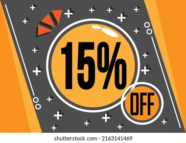 15% de oferta especial. 15% de descuento para tiendas web y virtuales. Vector en naranja y negro.