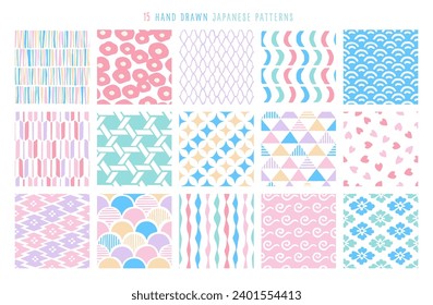 15 spring-colored hand-drawn Japanese patterns collection.