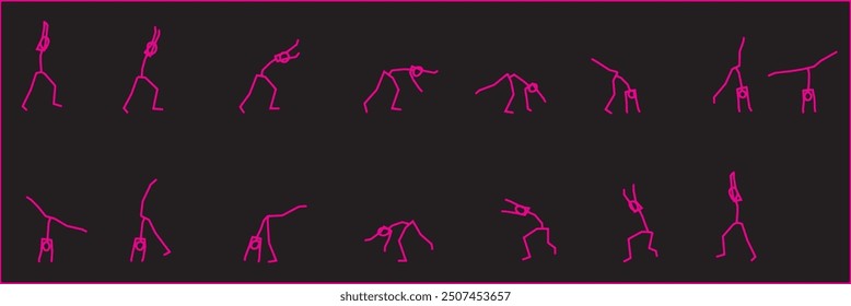 15 step sequence showing a stick figure completing a cartwheel. Useful for completing animations.  