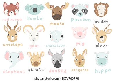 15 calcomanías con animales lindos y letras dibujadas a mano. león, cabra, panda roja, koala, oso, canguro, pid y otros. Diseño de pines vectoriales