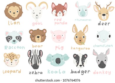 15 stickers with cute animals and hand drawn lettering. lion, goat, red panda, koala, bear, kangaroo, pid and others. Vector pins design