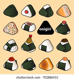 15 styles of isolated colorful onigiri on pastel red background. Japanese rice balls with nori seaweed in hand drawn style. Vector illustration.