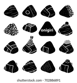 15 styles of isolated silhouette onigiri on white background. Japanese rice balls with nori seaweed in hand drawn style. Vector illustration.