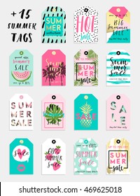 15 summer hand drawn calligraphyc sale tags set. Vector collection of bright and gold colored summer labels. Beautiful summer posters with palm leaves, textures and hand written text. Fashion tags