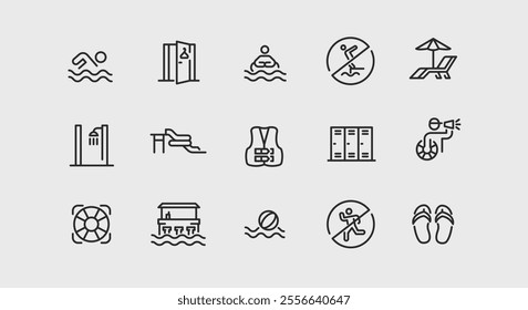 15 swimming pool icons. Includes simple representations of a swimmer, no diving symbol, swim cap, goggles, lifeguard whistle, life jacket, sunbed with umbrella. Vector illustration