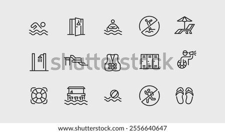 15 swimming pool icons. Includes simple representations of a swimmer, no diving symbol, swim cap, goggles, lifeguard whistle, life jacket, sunbed with umbrella. Vector illustration