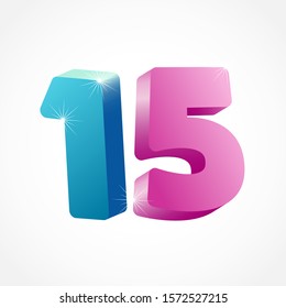 15 th anniversary numbers. 15 years old coloured logotype. Age congrats, congratulation idea. Isolated abstract graphic design template. Creative 1, 5 3D digits. Up to 15%, -15% percent off discount.