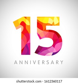 15 th anniversary numbers. 15 years old yellow coloured logotype. Age congrats, congratulation idea. Isolated abstract graphic web design template. Creative 5, 1 digits. Up to 15% percent off discount