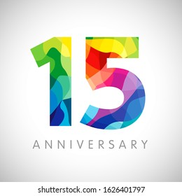 15 th anniversary numbers. 15 years old logotype. Bright congrats. Isolated abstract graphic web design template. Creative 1, 5 3D digits. Up to 15%, -15% percent off discount. Congratulation concept.