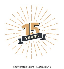 15 th anniversary retro vector emblem isolated template. Vintage logo Fifteen years with ribbon and salute on white background