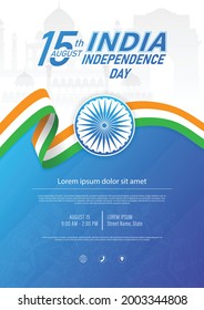 15 th August Indian Independence Day vector illustration background brochure template with Indian flag and silhouette of India monument.