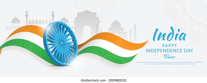 15 th August Indian Independence Day banner template design with Indian flag and silhouette of Indian monument. vector illustration .