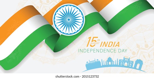 15 th August Indian Independence Day banner template design with Indian flag and silhouette of Indian monument. vector illustration .