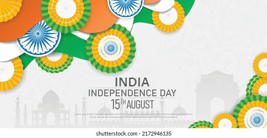 15 th August Indian Independence Day banner design with badge shape flags with Ashoka Chakra and silhouette of Indian monument. vector illustration .