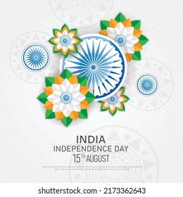 15 th August Indian Independence Day banner design with flowers shape flag and Ashoka Chakra. vector illustration .