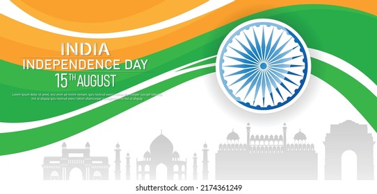 15 th August Indian Independence Day banner template design with Indian flag,  Ashoka Chakra and silhouette of Indian monument. vector illustration .