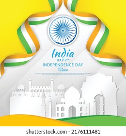 15 th August Indian Independence Day poster template design with Indian flag, Ashoka Chakra and silhouette of Indian monument. vector illustration .