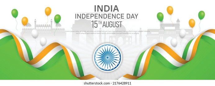 15 th August Indian Independence Day banner template design with Indian flag, Ashoka Chakra and silhouette of Indian monument. vector illustration .