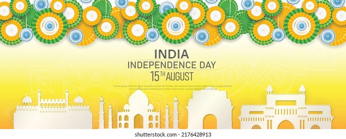 15 th August Indian Independence Day banner design with badge shape flags with Ashoka Chakra and silhouette of Indian monument. vector illustration