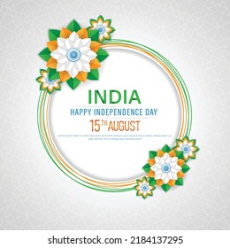 15 th August Indian Independence Day poster design with flowers shape flag and Ashoka Chakra. vector illustration .