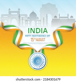 15. August Indian Independence Day Plakatdesign mit indischer Flagge, Ashoka Chakra und Silhouette des indischen Denkmals. Vektorgrafik .