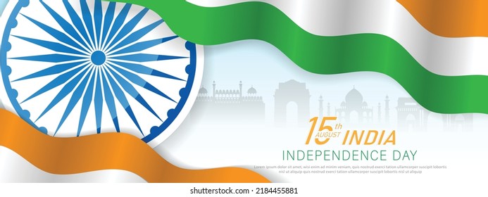 15 th August Indian Independence Day banner template design with Indian flag, Ashoka Chakra and silhouette of Indian monument. vector illustration .