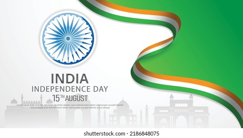 15 th August Indian Independence Day banner template design with Indian flag, Ashoka Chakra and silhouette of Indian monument. vector illustration .