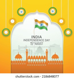 15 th August Indian Independence Day poster template design with Indian flag, Ashoka Chakra and silhouette of Indian monument. vector illustration .