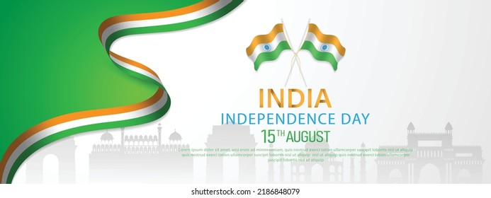 15 th August Indian Independence Day banner template design with Indian flag, Ashoka Chakra and silhouette of Indian monument. vector illustration .