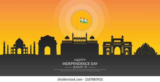 15 de agosto Día de la Independencia de la India diseño de carteles con bandera india, Ashoka Chakra y silueta del monumento indio. ilustración vectorial.
