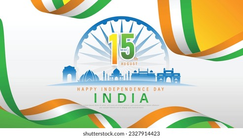 15 th August Indian Independence Day banner template design with Indian flag, Ashoka Chakra and silhouette of Indian monument. vector illustration .