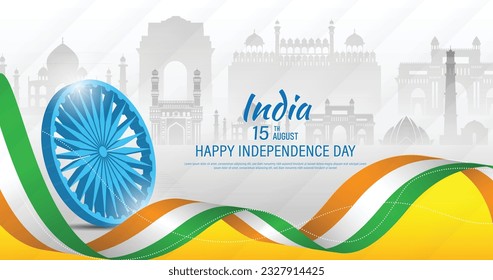 15 th August Indian Independence Day banner template design with Indian flag, Ashoka Chakra and silhouette of Indian monument. vector illustration .