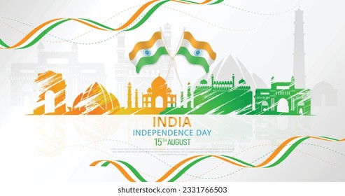 15 th August Indian Independence Day banner template design with Indian flag, Ashoka Chakra and silhouette of Indian monument. vector illustration .