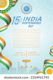 15 de agosto, Día de la Independencia de la India, plantilla de un folleto de fondo con la bandera y la silueta indias del monumento de la India.