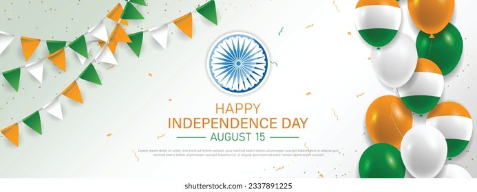 15 de agosto Día de la Independencia India diseño de pancartas con bandera india, Ashoka Chakra y globos. ilustración vectorial.