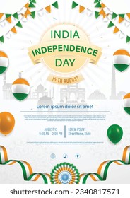 15 th August Indian Independence Day vector illustration background brochure template with Indian flag and silhouette of India monument.