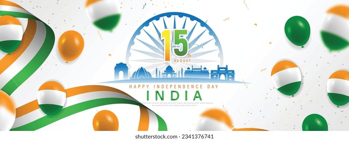 15 de agosto Día de la Independencia de la India diseño de carteles con bandera india, Ashoka Chakra y silueta del monumento indio. ilustración vectorial.