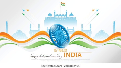 15 de agosto Día de la Independencia de la India Diseño de Plantilla de Anuncio con la bandera de la India y la silueta del monumento de la India. Ilustración vectorial .