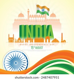 15 th August Indian Independence Day poster template design with Indian flag and silhouette of Indian monument. vector illustration.