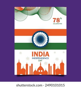 15 de agosto Día de la Independencia de la India Ilustración vectorial de fondo folleto Plantilla con la bandera de la India y la silueta del monumento de la India