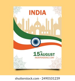 15 de agosto Día de la Independencia de la India Ilustración vectorial de fondo folleto Plantilla con la bandera de la India y la silueta del monumento de la India