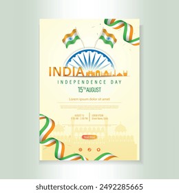 15 th August Indian Independence Day vector illustration background brochure template with Indian flag and silhouette of India monument.