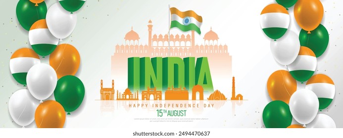 15 th August Indian Independence Day banner template design with Indian flag and silhouette of Indian monument. vector illustration .