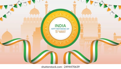 15 th August Indian Independence Day banner template design with Indian flag and silhouette of Indian monument. vector illustration .